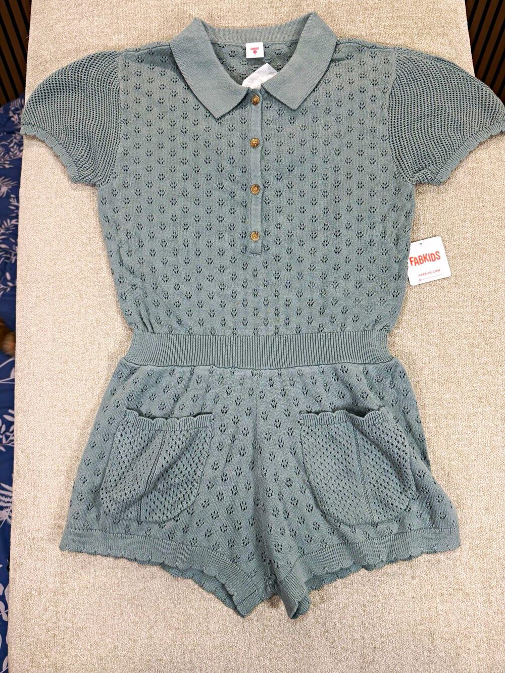 Fabkids Women's Green Knit Collared Short Sleeve Button Romper w/ Pockets 2XL